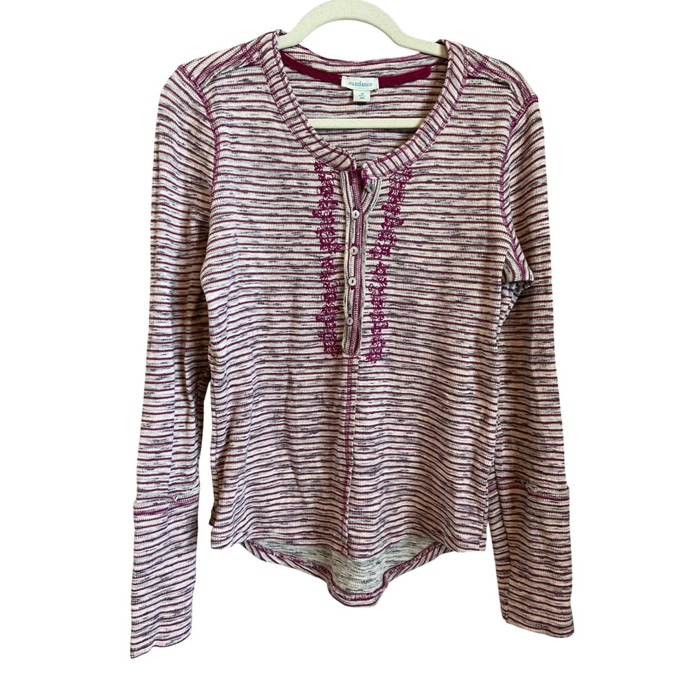 Sundance Womens Medium Berry Pink Striped‎ Embroidered Thermal Henley Top